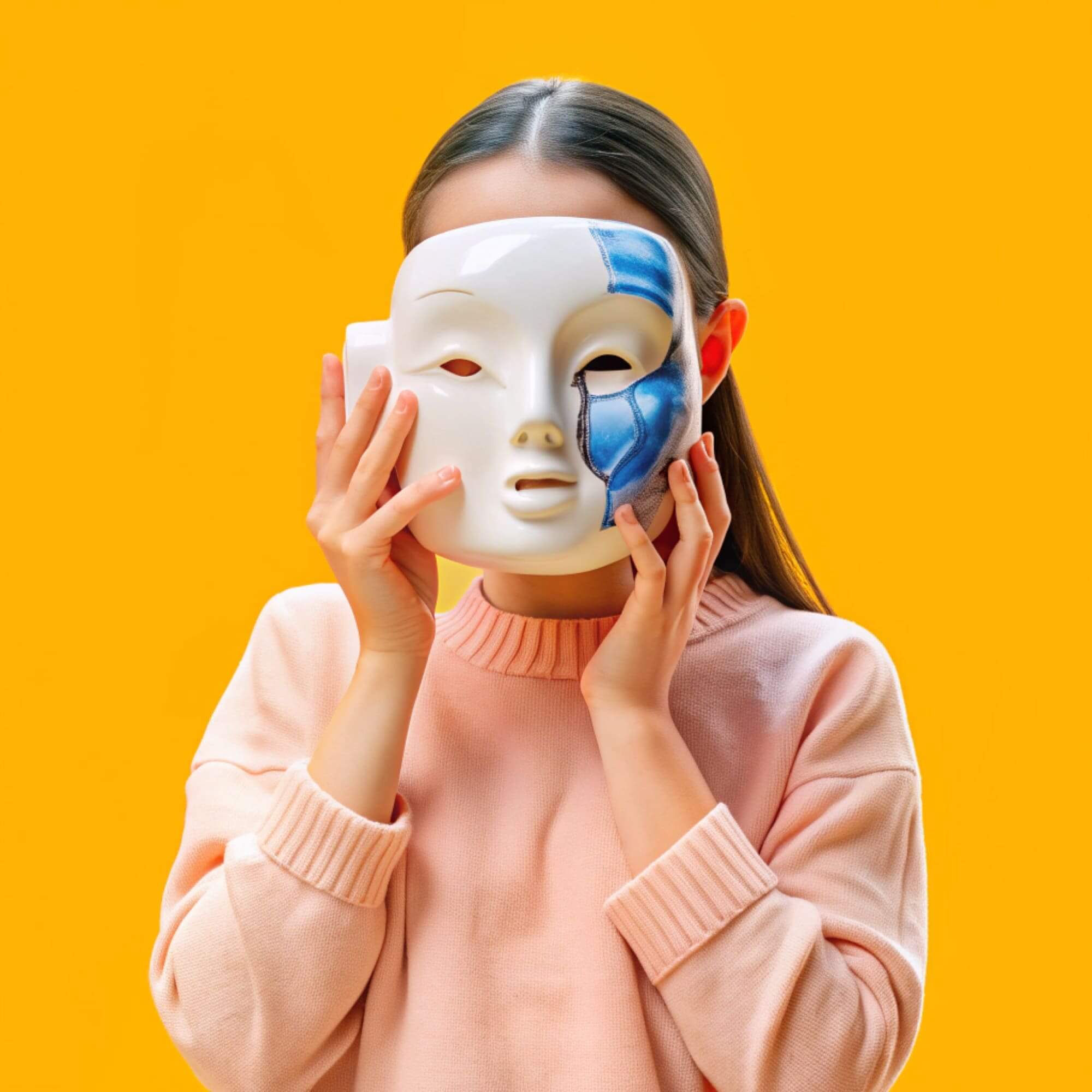 woman holding white mask with blue design, yellow background