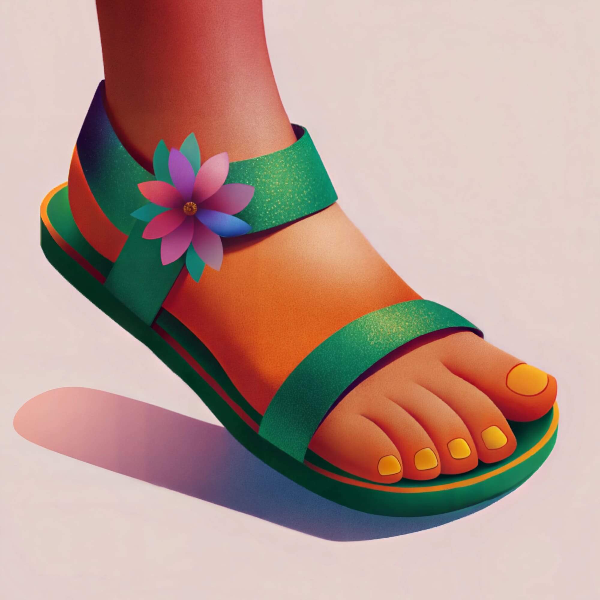 colorful sandal with flower decoration on foot, close-up